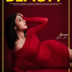 A full-body shot designed to look like a magazine feature, celebrating beauty in a powerful pose. The bold red dress and strong typography create a classic editorial feel.