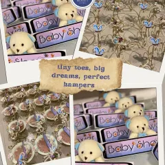 Tiny toes, big dreams, perfect hampers. This collage shows some of my baby shower favors, including cute teddy bear themed chocolates and other small, personalized gifts.