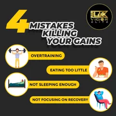Are you making these mistakes that could be killing your gains? This graphic points out four common pitfalls: overtraining, eating too little, not sleeping enough, and not focusing on recovery.