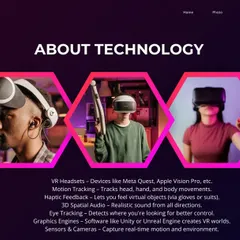 An informational graphic explaining the technology behind Virtual Reality, including headsets, motion tracking, and haptic feedback.