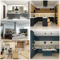 A collection of five modern kitchen designs, all featuring islands. This demonstrates different approaches to island functionality, from simple breakfast bars to large, multi-purpose workstations.