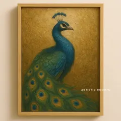 A textured painting of a peacock against a golden background. The texture in the feathers and the background gives the piece a luxurious, almost three-dimensional quality.