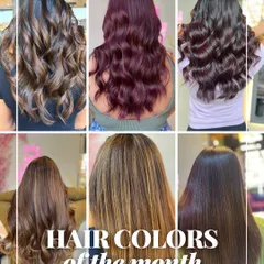 A collage showcasing our most requested hair colours of the month. From deep burgundy and chocolate brown to ash blonde highlights, each look is custom-mixed and styled to perfection.
