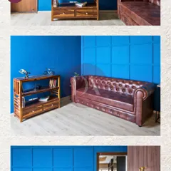 This collage highlights the details of the blue room, from the custom wooden bookshelf to the classic Chesterfield sofa. It also shows how I use wall paneling to add texture and character.
