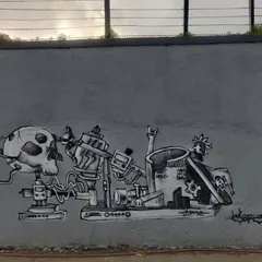 The same mechanical goth piece, shown on the full wall. This style allows for a lot of improvisation, blending different elements together into a single, cohesive, and complex industrial-themed mural.