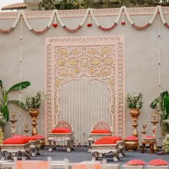 This traditional South Indian wedding mandap is a testament to our love for cultural details. We blend authentic elements like banana leaves and intricate carvings with elegant floral arrangements to honor your heritage beautifully.