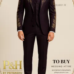 A three-quarter view highlighting the slim fit and the flow of the golden embroidery down the sleeves of the purple suit.