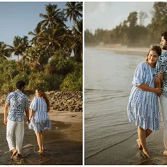 A two-photo collage showing the couple walking and embracing on the beach. These shots capture both a candid walking moment and a more posed, affectionate portrait against a backdrop of palm trees.