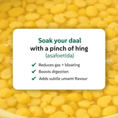 Here's a simple trick your dadi probably knew: soak your dal with a pinch of hing (asafoetida). This infographic explains how this small step helps reduce gas and bloating, boosts digestion, and adds a subtle umami flavour to the lentils.