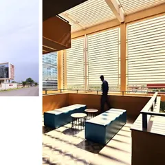 The combination of the building exterior and a sun-drenched breakout terrace at the Mahindra Chakan office. The use of louvres for shading demonstrates our commitment to climate-responsive design that enhances user comfort.