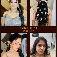 This collage captures the full process of an engagement makeup look. From the before shot to the final look with a beautifully braided hairstyle adorned with flowers, every detail is crafted to perfection.