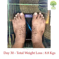 A 30-day transformation. This client achieved a healthy, sustainable weight loss of 8.8 kgs through a personalized Ayurvedic diet and lifestyle plan, without any crash dieting or extreme workouts.