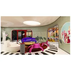 An overview of the "Whimsy Wonder" living area, a 5000 sqft symphony of art and luxury. Here, pop art vibrance and bold statement pieces transform an apartment into a whimsical wonderland.