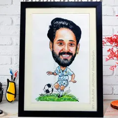 For the football fan in your life. This is a custom hand-drawn caricature, complete with their favorite team's jersey, framed and ready to be gifted for a birthday or special occasion. A great personalized sports gift.