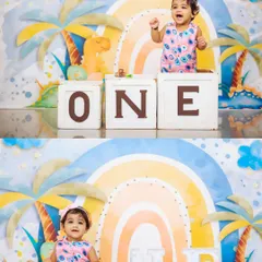 A vibrant and cheerful first birthday shoot with a rainbow and dinosaur theme. The collage captures the baby's happy expressions, both sitting and standing with the "ONE" blocks.