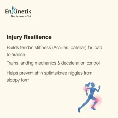 Plyometrics build injury resilience. They increase tendon stiffness for better load tolerance and train your landing mechanics, which helps prevent shin splints and knee pain from sloppy form.
