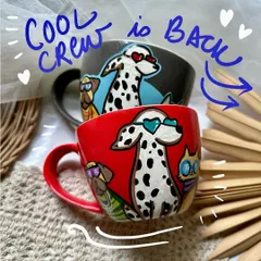 The 'Cool Crew' is back. My popular cappuccino mugs featuring a gang of cool pets are available again, now in two new colors, red and grey.