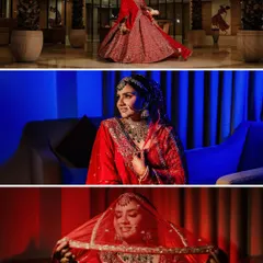 A collage showcasing the bride's versatility, from a grand, full-length twirl to dramatic, moody portraits. We use different lighting techniques, including bold red and blue, to create a variety of artistic shots.