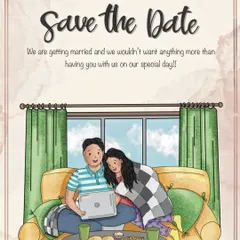 The final "Save the Date" version of the custom wedding illustration. I added the text and a soft watercolor background to the couple's portrait, creating a warm and inviting digital card for their special announcement.