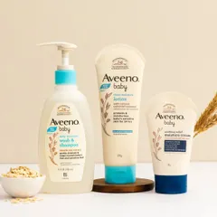 A simple and clean studio shot for a baby care line. We used natural ingredients like oats and wheat to highlight the product's gentle, natural formula, all set against a soft, neutral background.