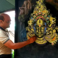 A live chalk drawing of 'Ma Shakti' created for the Navratri festival. This large-scale piece on a blackboard is an example of how I use traditional art forms to celebrate our rich cultural heritage during festive occasions.