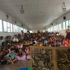 Another angle of our performance at Auden Public School, showing just how many children we can entertain with our portable stage setup.
