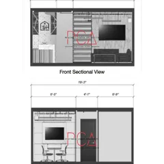 These are front sectional views from the architectural drawings for the StyleIn Homes office. Technical drawings like these are a crucial step in translating a design concept into a buildable reality.