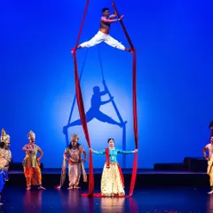We love to innovate by blending tradition with modern artistry. Here is a moment from our 'Krishnaa' production, where we incorporated an aerial silk act to create a truly unforgettable visual spectacle.