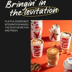 A conceptual shot for Flyp Coffee featuring levitating hazelnuts. This playful technique adds a sense of magic and fun to the image, making the coffee and its ingredients feel more dynamic.