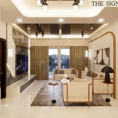 This angle showcases the living room's sophisticated lighting design, including a modern chandelier and track lights that highlight the stone-clad TV feature wall. The layout provides ample seating for family and guests.