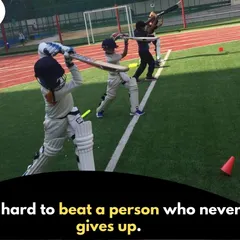 Practice makes perfect. Here, our young cricketers work on their batting form in a synchronized drill, reinforcing muscle memory and technique. We believe a person who never gives up is hard to beat.