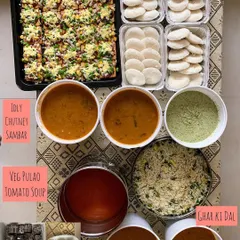 A complete and wholesome meal spread I catered, including Idly with Chutney and Sambar, Veg Pulao, Tomato Soup, and Ghar ki Dal. Comfort food at its best.