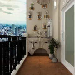 A unique mask-faced console serves as an eye-catching accent piece, complemented by custom wall planters.