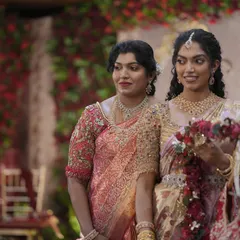 A candid moment between the bride and her family member, both wearing custom Needle Eye creations. It shows how I coordinate outfits to create a harmonious look for the entire wedding party.