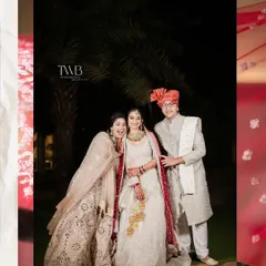 A fun family portrait from the wedding day. The bride and groom share a laugh with a family member, capturing the relaxed and happy atmosphere of the celebration.