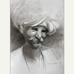 There is a unique power in charcoal, and this portrait of a Rajasthani man is a testament to it. Every line on his face tells a story, and I used deep shadows and subtle highlights to capture the essence of his character and the pride in his eyes.