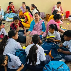 A teacher at the Ayodhya workshop guides her students. It is wonderful to see everyone, young and old, sharing stories and creating together.