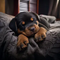 Sweet dreams are made of this. A tiny Rottweiler puppy curled up and sleeping soundly on one of our guest beds.