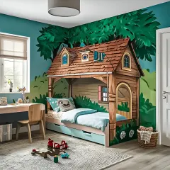 A whimsical kid's room with a custom treehouse-themed bed that sparks imagination. The bed includes under-bed storage drawers, and the design is complemented by a matching study desk and a playful wall mural.