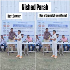 Nishad Parab receiving his 'Best Bowler' and 'Man of the Match' awards for his stellar performance in the semi-finals of the Achrekar tournament.