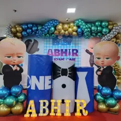 We bring popular kids' themes to life. Here is our Boss Baby theme decoration with life-size character cutouts, a custom backdrop, and marquee letters for a memorable first birthday.