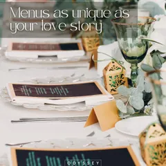 Menus as unique as your love story. This image of an elegant wedding table setting showcases our personalized approach to wedding catering, where every detail is crafted to perfection.