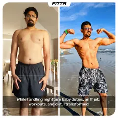 Urmil, an IT professional, balanced a new baby, a demanding job, and late-night workouts to achieve this transformation. He lost 16.5 kg in a year, proving that even the busiest dads can get fit.