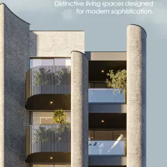 This facade showcases timeless style with distinctive living spaces designed for modern sophistication. The use of textured materials and integrated planters on the balconies brings a natural element to the urban environment.