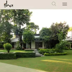 The serene and beautiful grounds of Sadhguru Sannidhi in Chattarpur, New Delhi. This poster lists upcoming events like Ekadashi Sadhana and Shambhavi Practice Correction sessions.