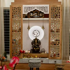 A full frontal view of the stunning pooja unit, where traditional motifs meet modern design for a space of spiritual elegance.