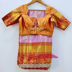 Another view of the lilac Kanchi Pattu saree and gold blouse set.