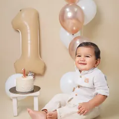 A classic first birthday portrait with a simple cake and balloons. The neutral, earthy tones create a calm and timeless look for this milestone session.