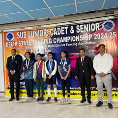 The girls' team showcasing their success at the Delhi State Fencing Championship. These fencers brought home medals in sub-junior foil, epee, and cadet sabre categories.