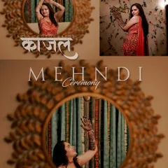 An artistic collage of a bride during her Mehndi ceremony. The shots capture her showing off her intricate henna designs, framed beautifully within a mirror.